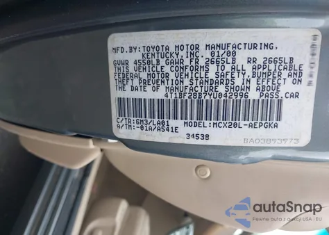 2000 Toyota Avalon Xls from USA, damaged, VIN 4T1BF28B7YU042996